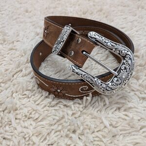 Nocona Floral Rhinestone Embroidered Tan Leather Western Cowgirl Belt